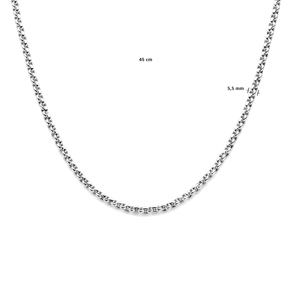 Afbeelding van de zilveren ketting met de maatvoering van 45 centimeter lengte en 5,5 millimeter breedte.