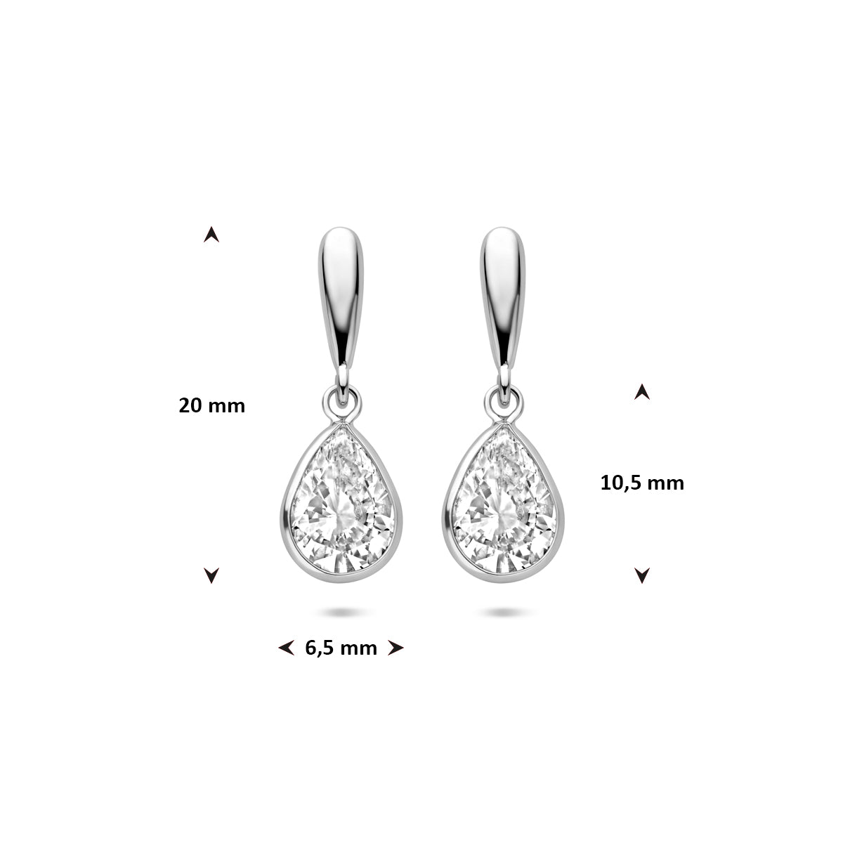 Afbeelding van de 'Celeste' oorhangers met de hoogte van 20 mm en breedte van 6.5 mm aangegeven.