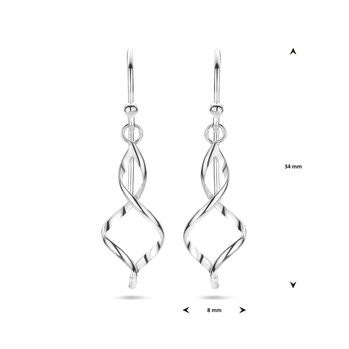 Afbeelding van de 'Isolde' oorhangers met de hoogte van 34 mm en breedte van 8 mm duidelijk aangegeven.