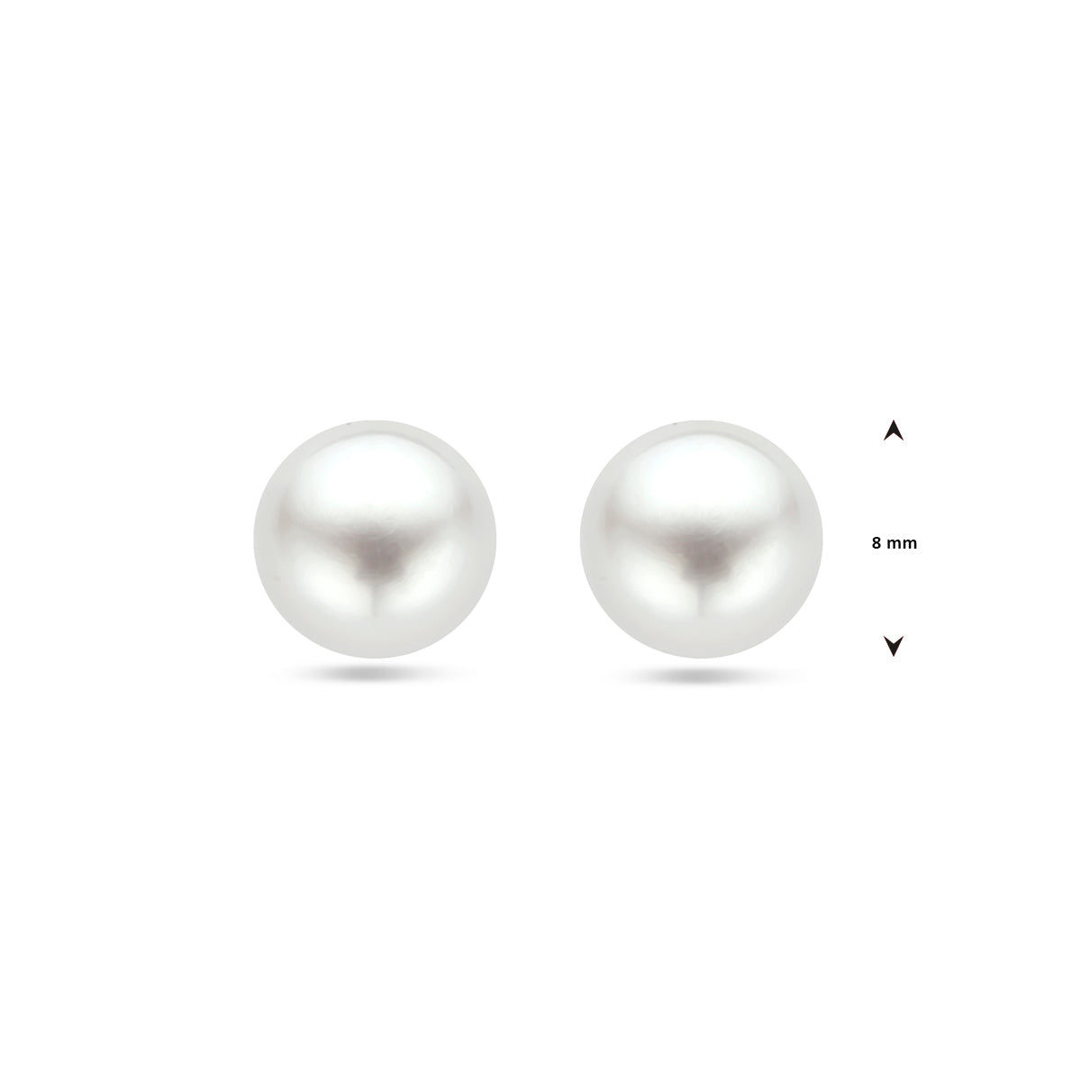 Vooraanzicht van de parel oorknoppen met de maatvoering van 8 millimeter erbij vermeld.