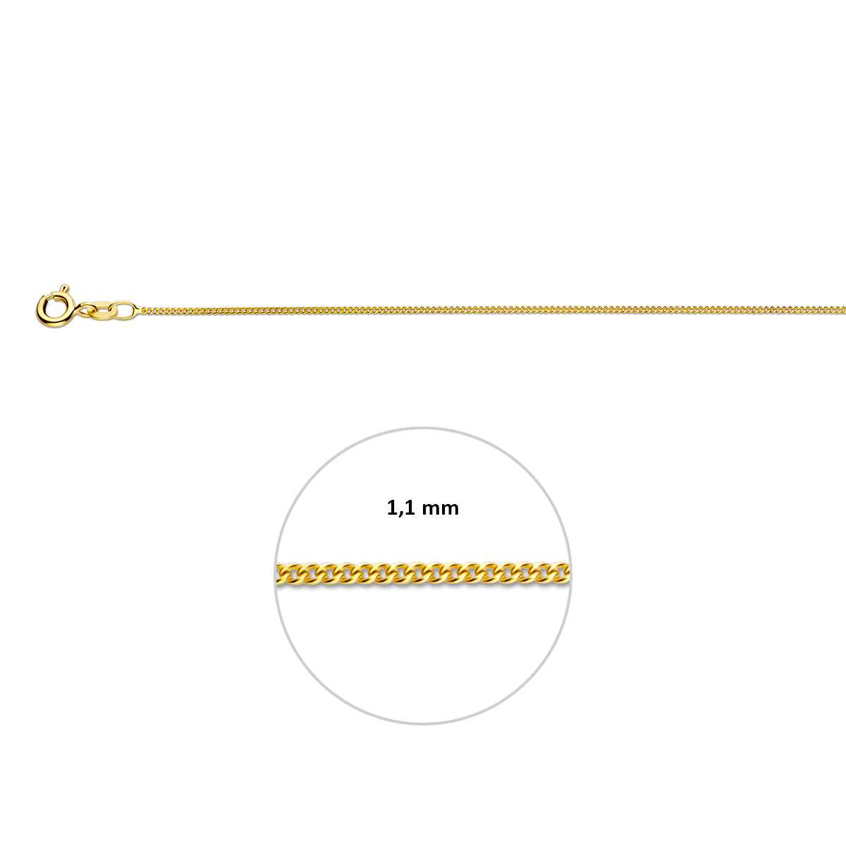 Close-up van 1.1 mm platte geelgouden gourmette schakels 14 karaat goud.