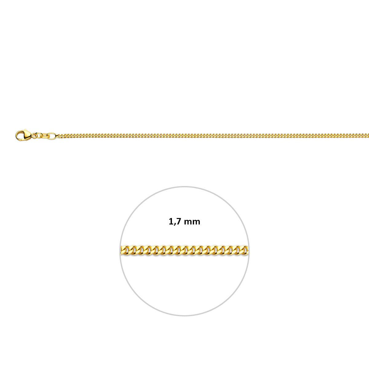 Close-up van 1.7 mm platte geelgouden gourmette schakels van 14 karaat goud.