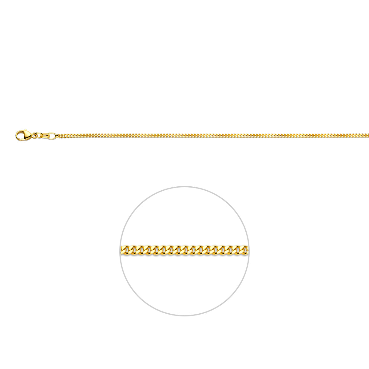 14 karaat geelgouden halsketting 1.7 mm gourmette met sluiting vooraanzicht.