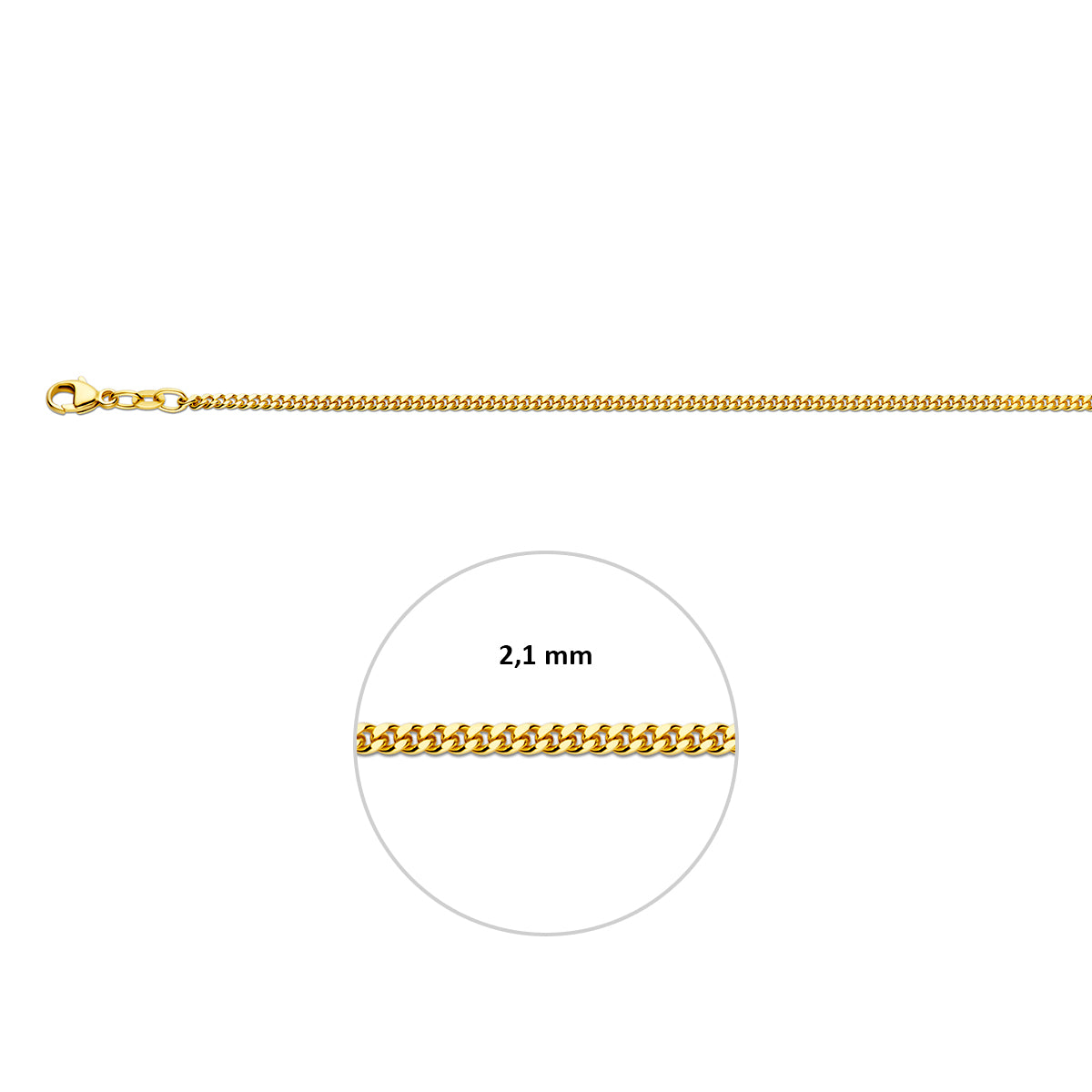 Close-up van 2.1 mm platte geelgouden gourmette schakels van 14 karaat goud.