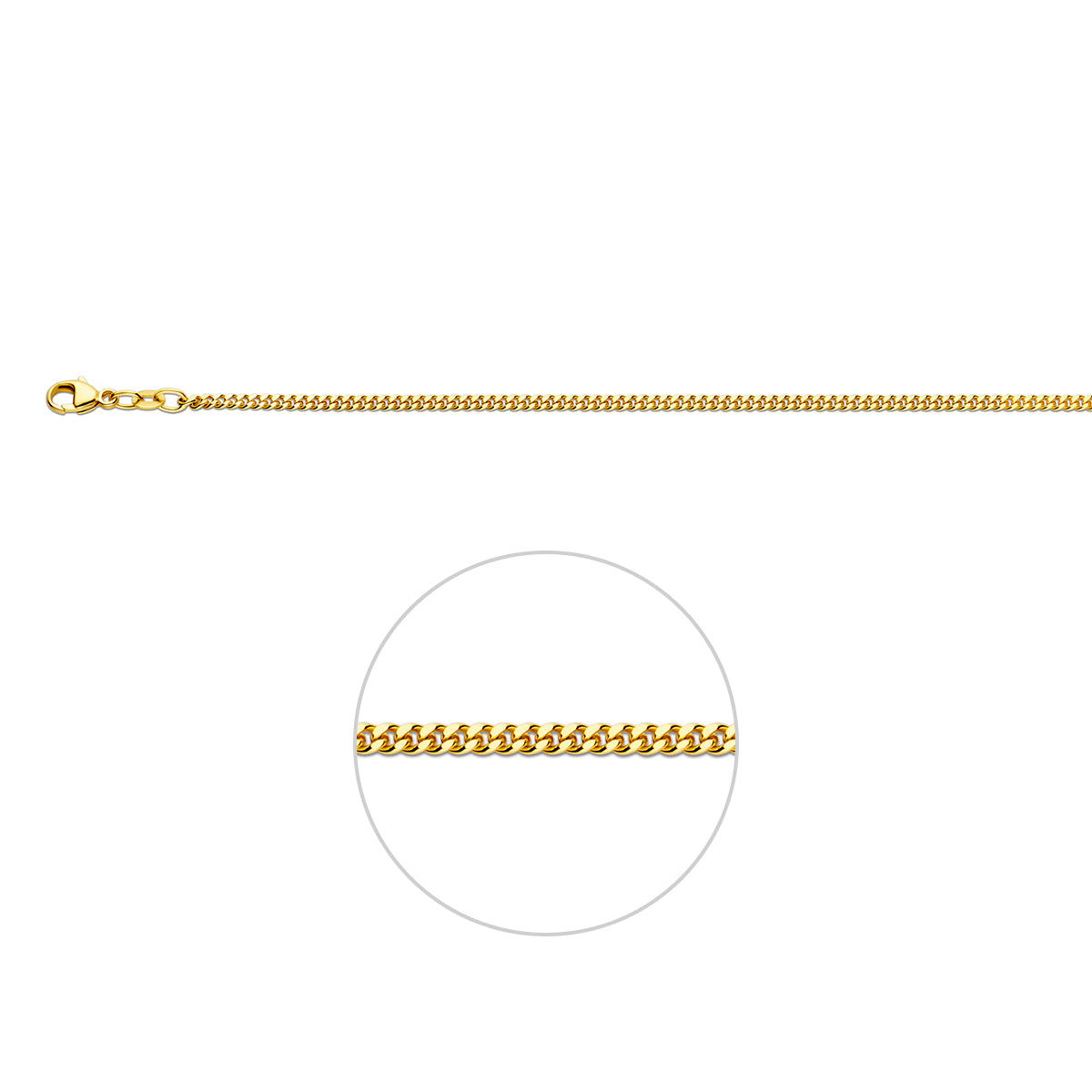 14 karaat geelgouden halsketting 2.1 mm gourmette met sluiting vooraanzicht.