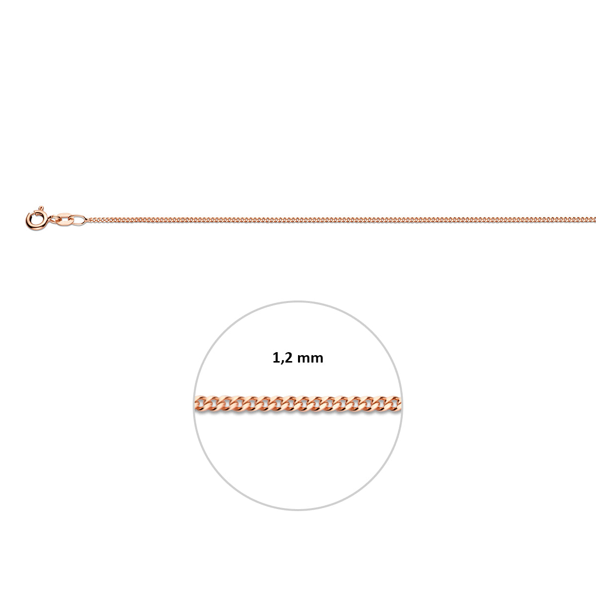 Close-up van 1.2 mm platte roségouden gourmette schakels van 14 karaat goud.