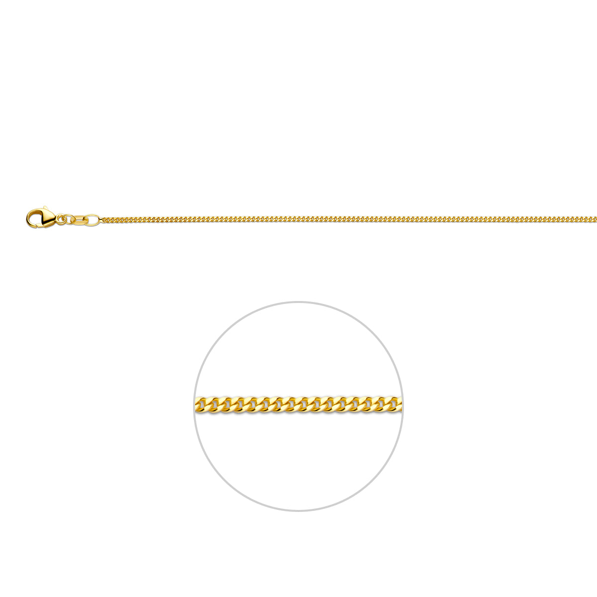 18 karaat geelgouden halsketting 1.4 mm gourmette met karabijnsluiting.