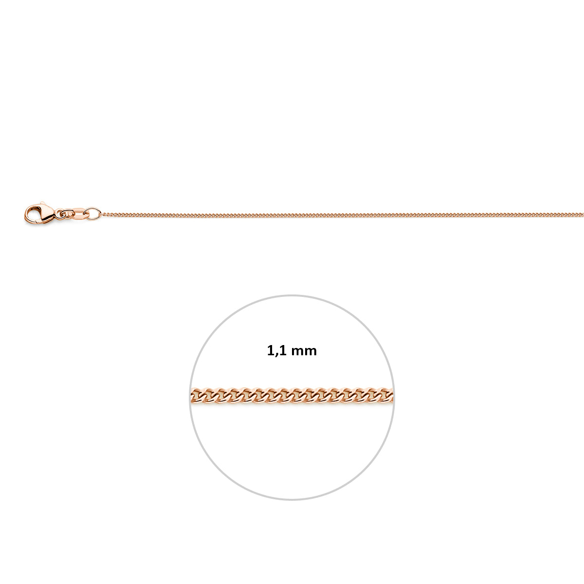 Close-up van 1.1 mm platte roségouden gourmette schakels 18 karaat goud.