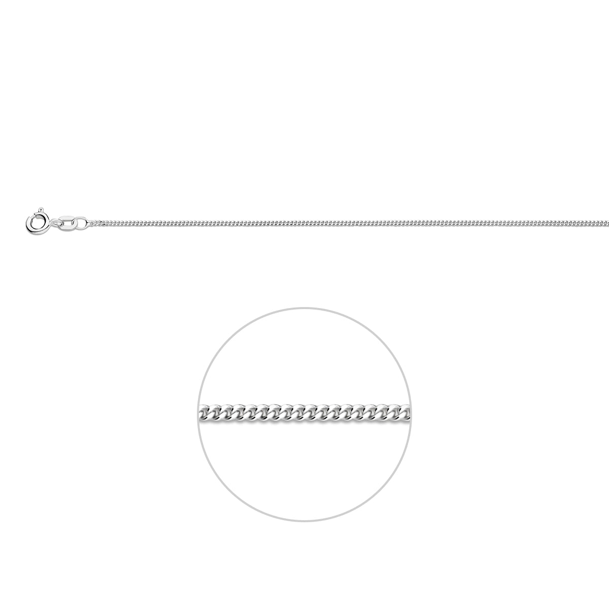 Wit zilveren gourmette ketting 1.2 mm Nila vooraanzicht met zichtbare sluiting.