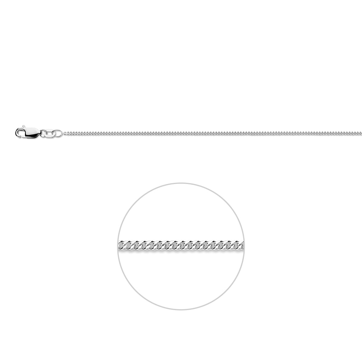 Wit zilveren gourmette ketting 1.4 mm Nila vooraanzicht met sluiting.