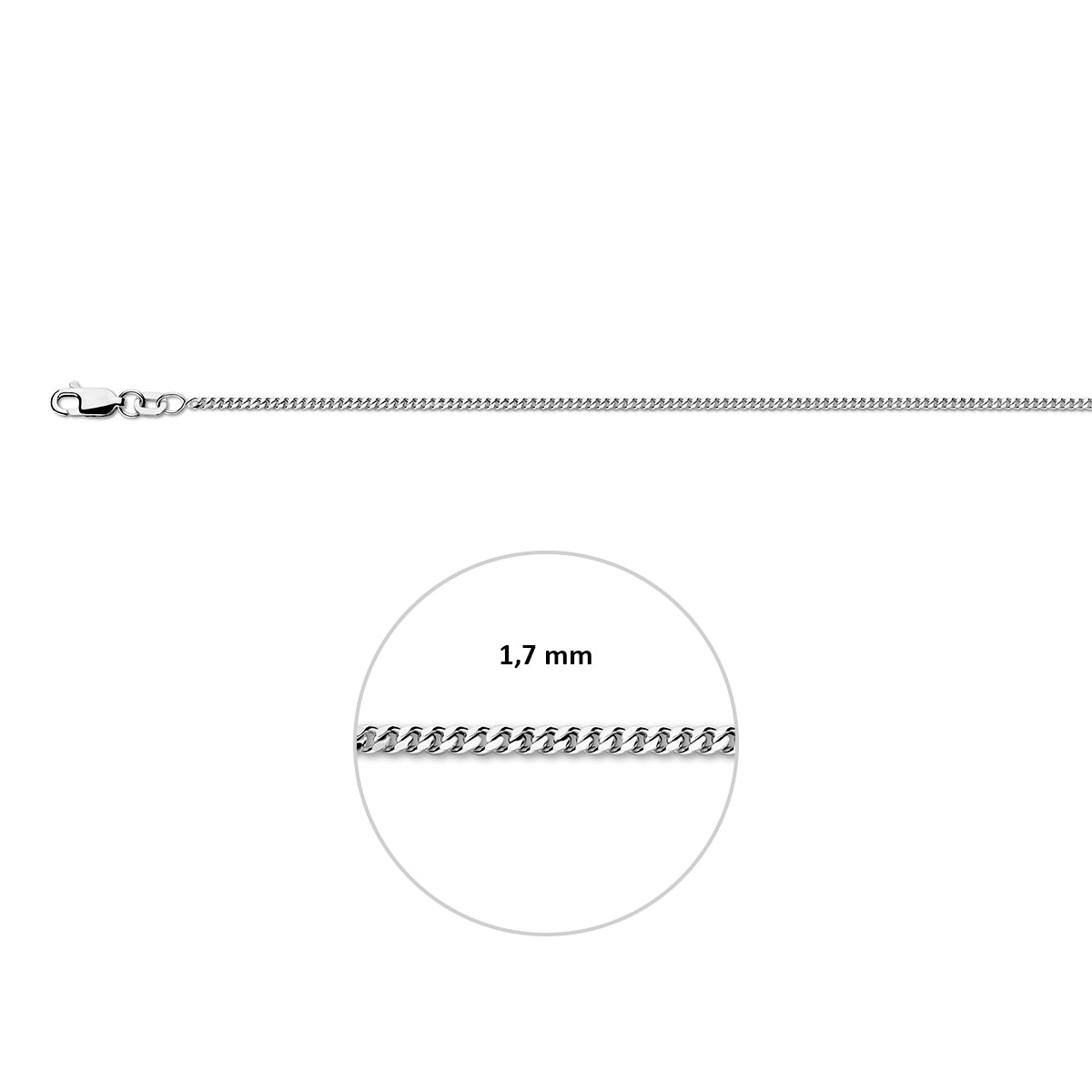 Gourmette halsketting zilver 1.7 mm inclusief sluiting en breedte-indicator.
