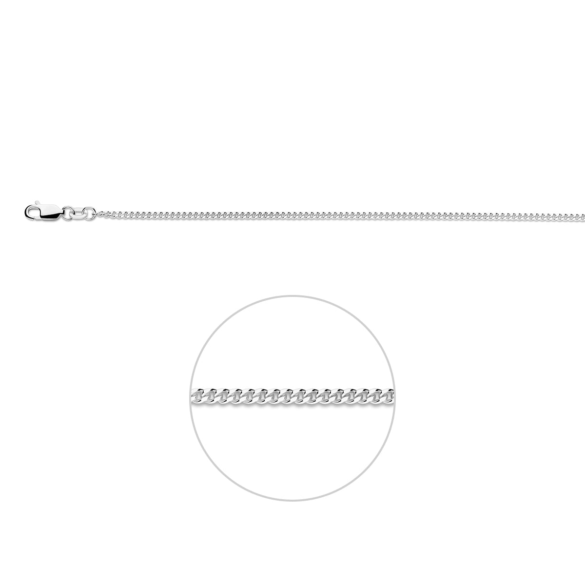 Wit zilveren gourmette ketting 1.9 mm Nila vooraanzicht met sluiting.