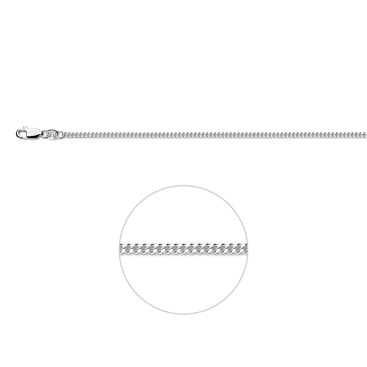 Wit zilveren gourmette ketting 2.1 mm Nila vooraanzicht met zichtbare sluiting.