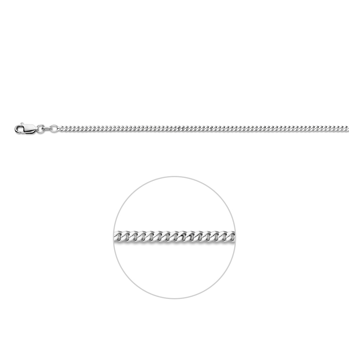 Wit zilveren gourmette ketting 2.4 mm Nila vooraanzicht met zichtbare sluiting.