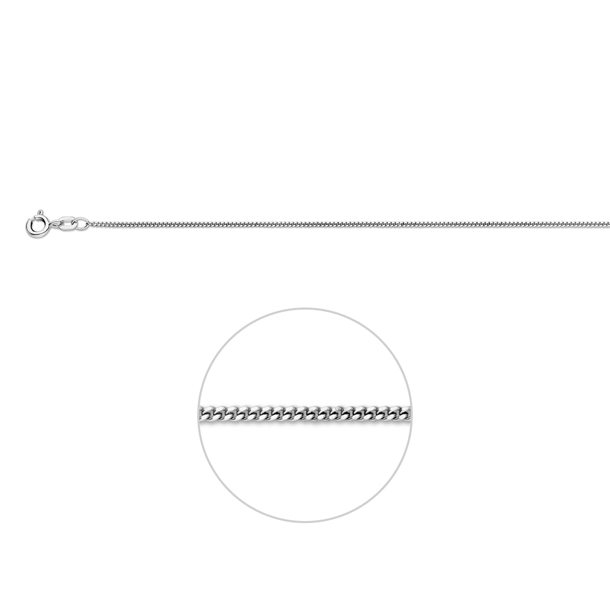 Zilveren gourmette ketting 1.2 mm Nila vooraanzicht met zichtbare sluiting.