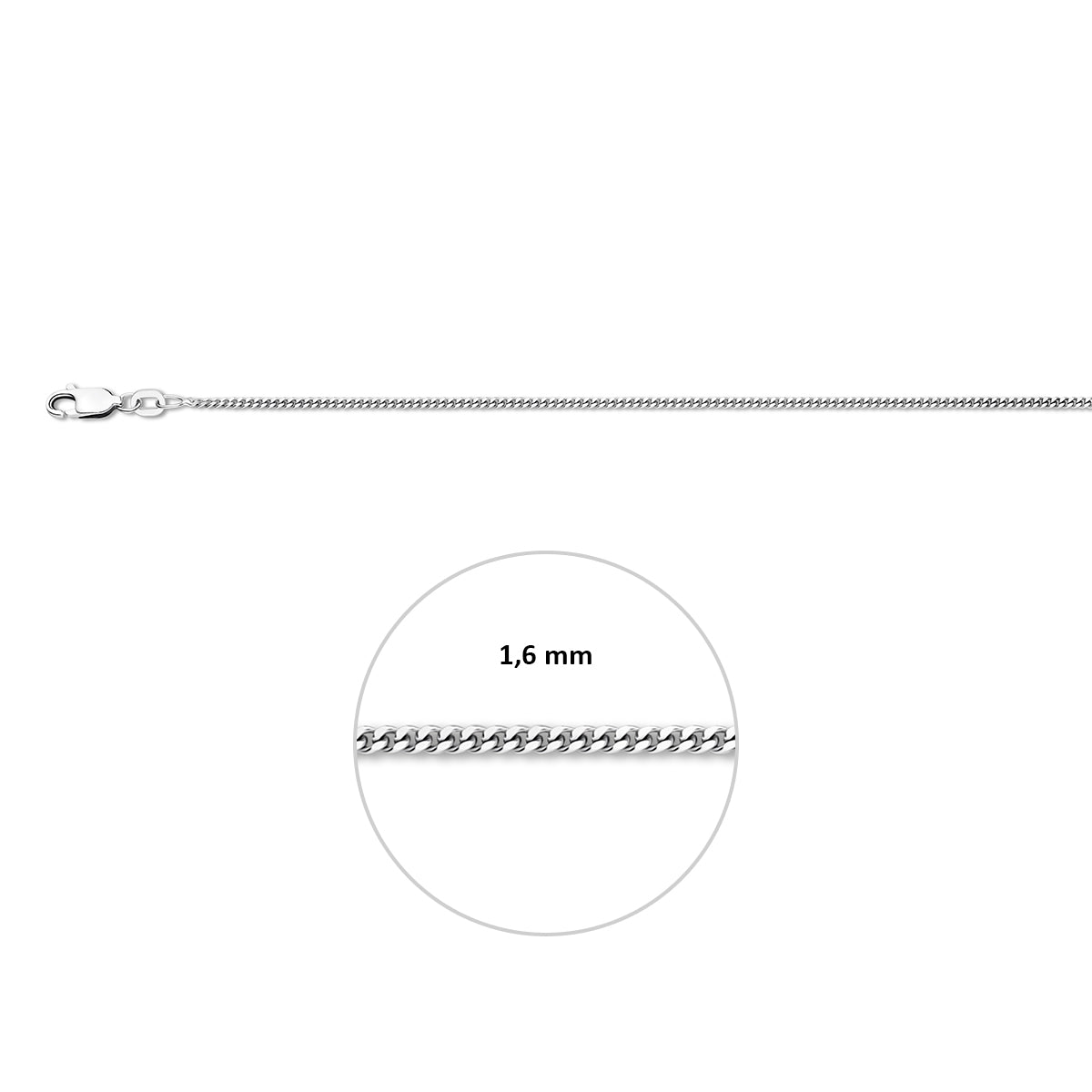 Gourmette halsketting zilver 1.6 mm inclusief sluiting en aanduiding schakelbreedte.