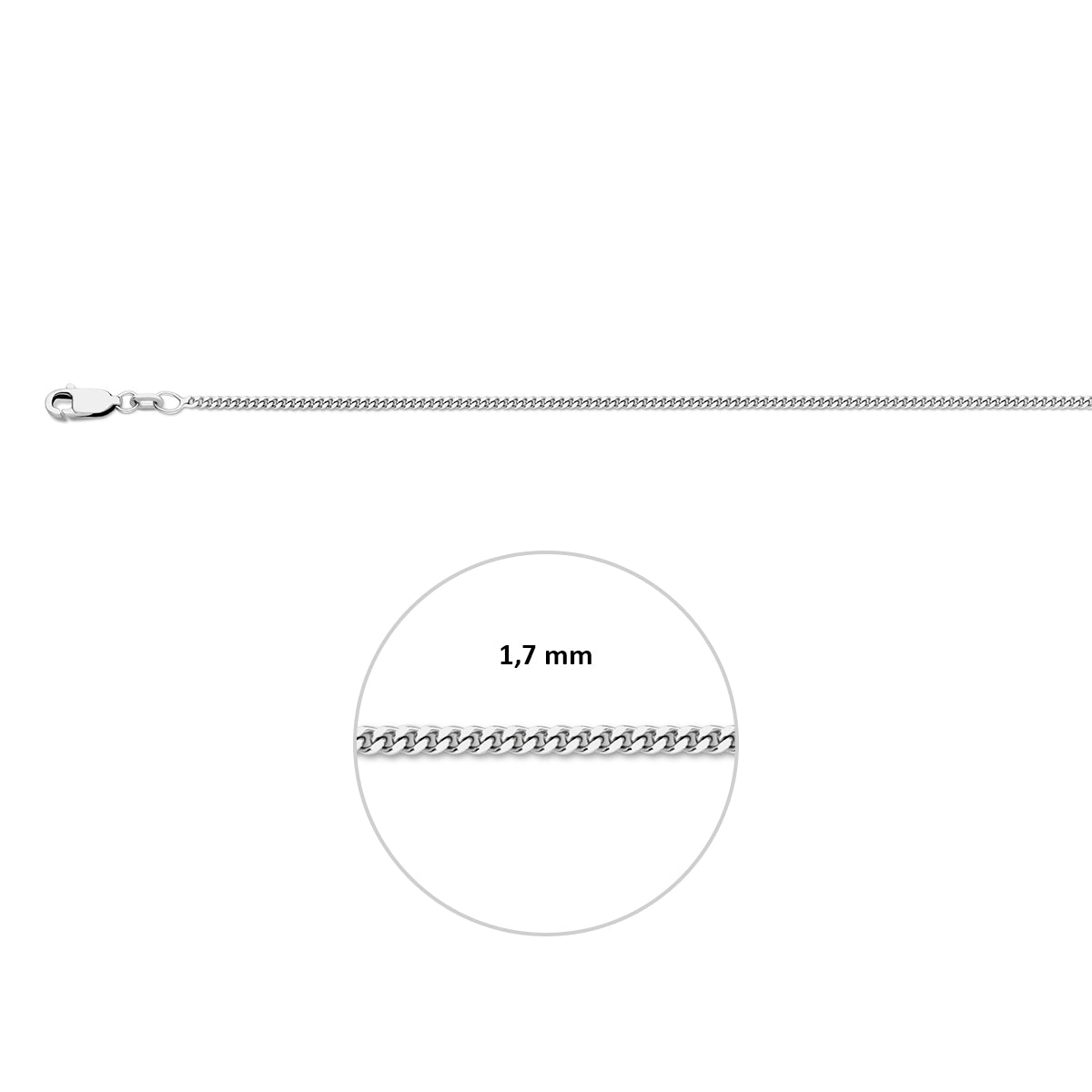 Gourmette halsketting zilver 1.7 mm inclusief sluiting en aanduiding schakelbreedte.