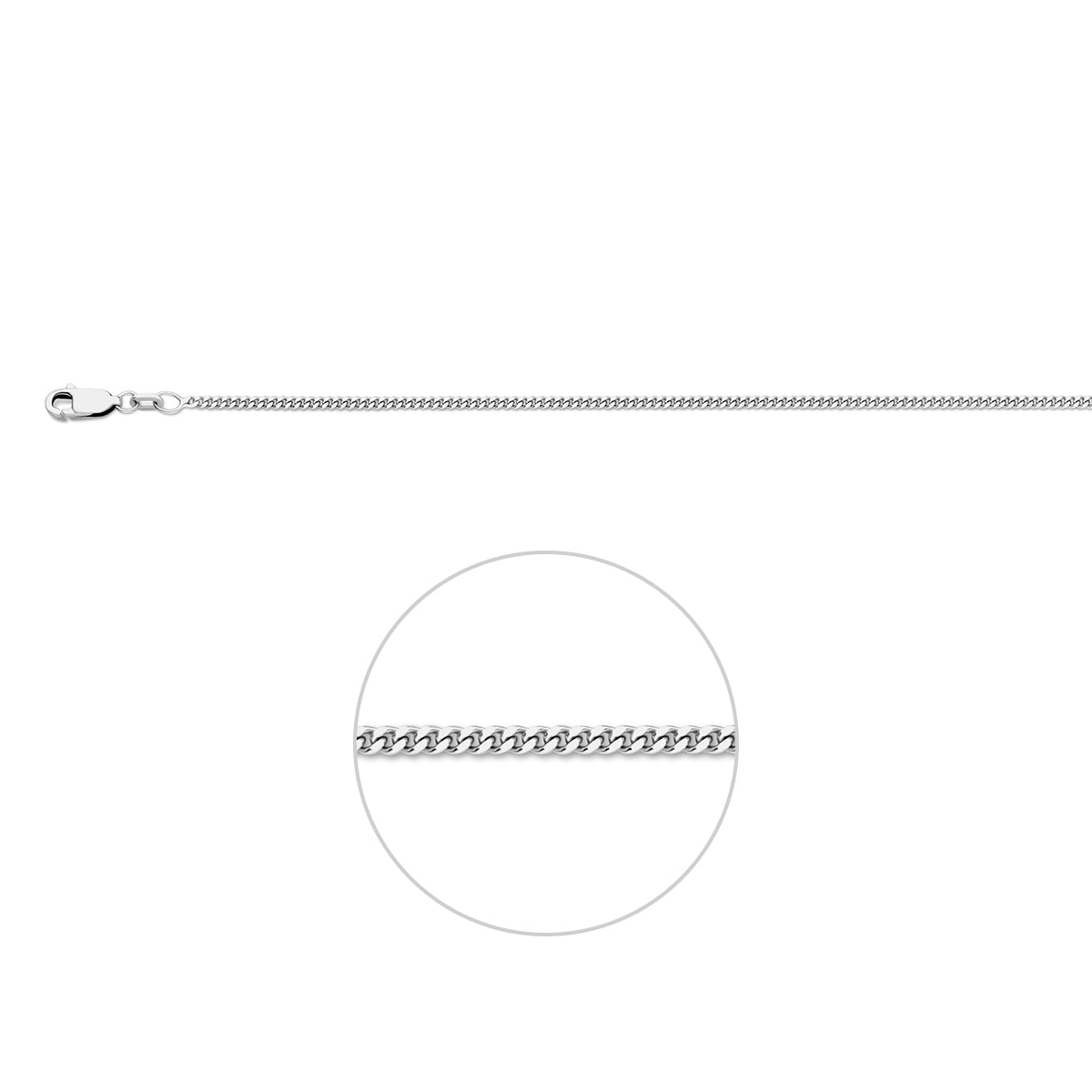 Zilveren gourmette ketting 1.7 mm Nila vooraanzicht met zichtbare sluiting.