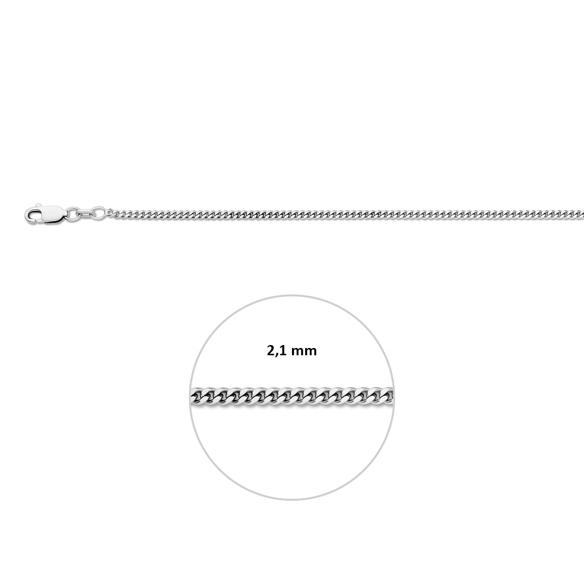 Gourmette halsketting zilver 2.1 mm inclusief sluiting en aanduiding schakelbreedte.