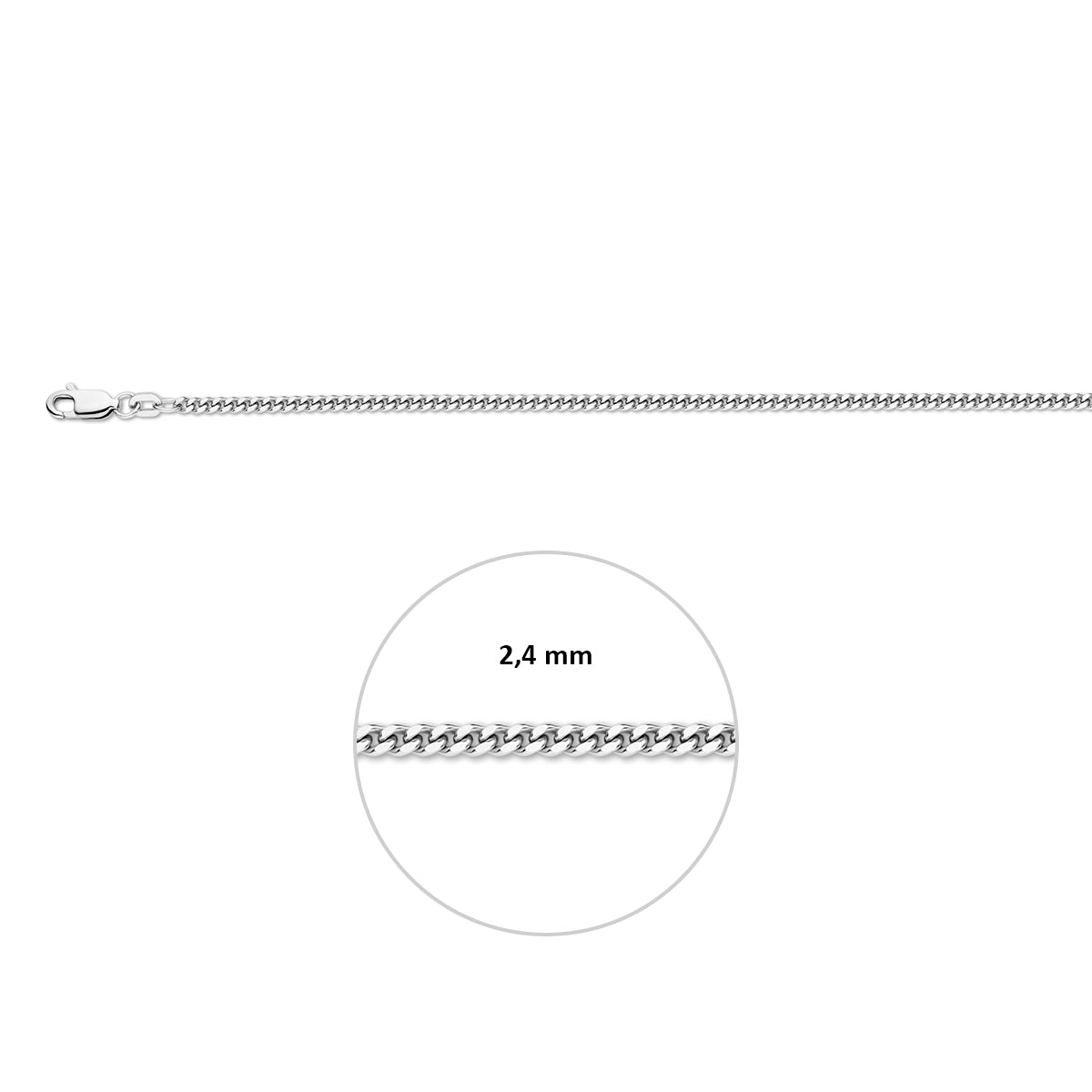 Gourmette halsketting zilver 2.4 mm inclusief sluiting en aanduiding schakelbreedte.