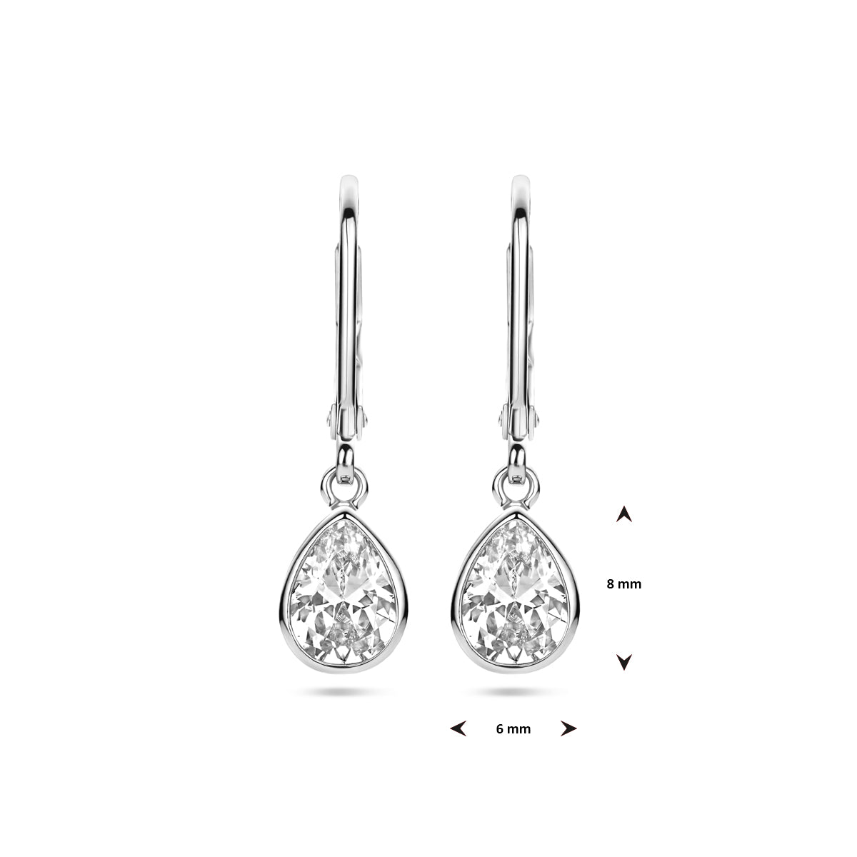 Vooraanzicht van de 'Nura' oorsieraden met de afmetingen van de zirkonia steen in millimeters.