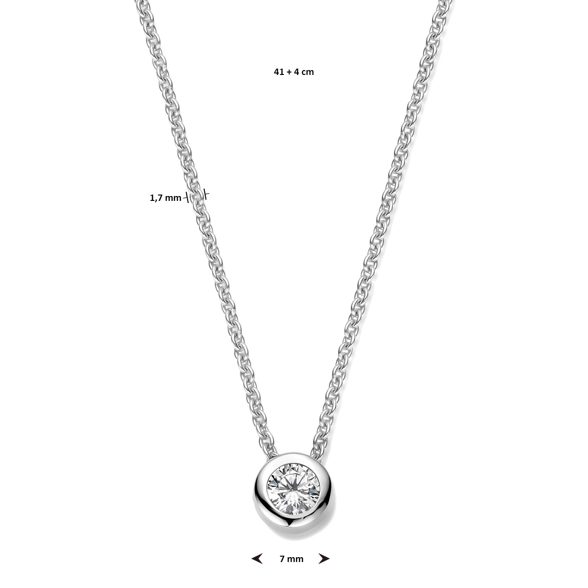 Productfoto van de 'Rhea' ketting met technische weergave van de 7 mm diameter van de zirkonia en de verstelbare lengte.