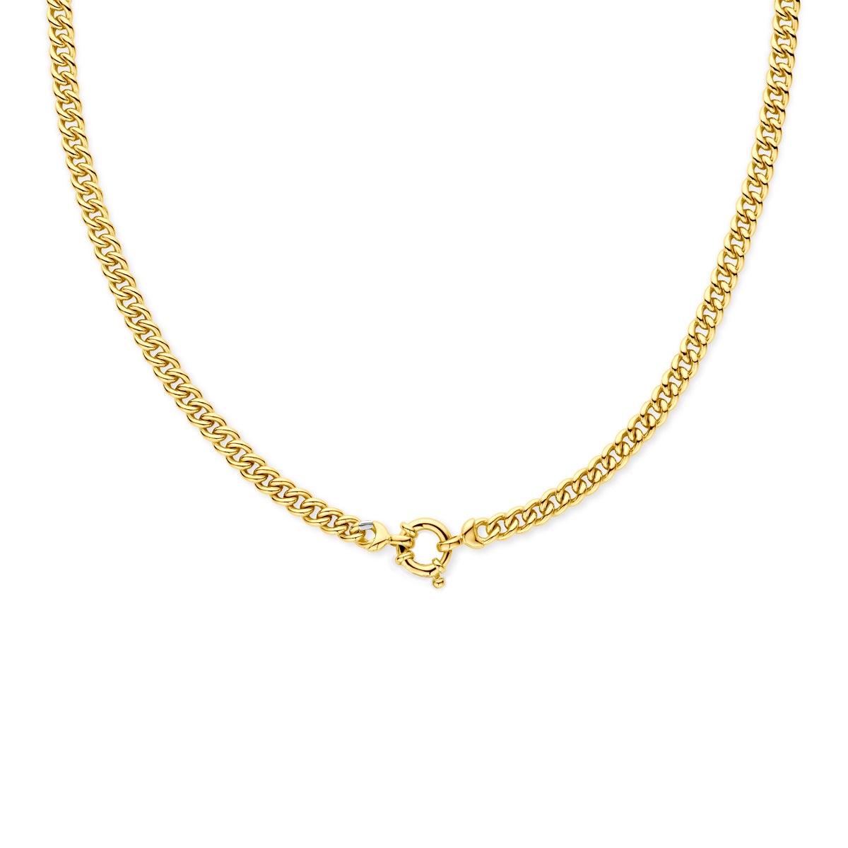Vooraanzicht van het 14k Silgold 'Essenzo' gourmette collier met een breedte van 5.5 mm.
