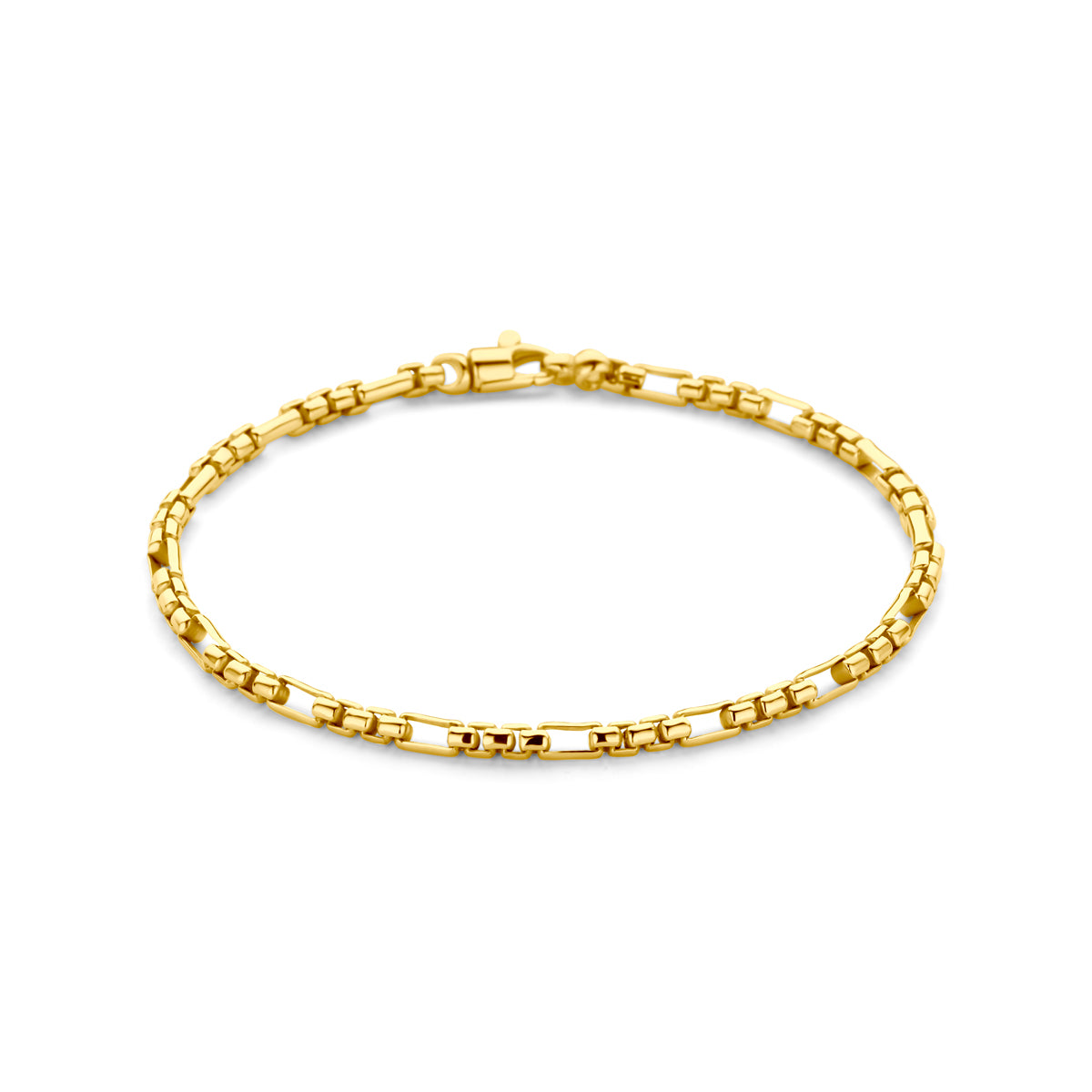 Vooraanzicht van de Silgold 'Ritmo' schakelarmband met geometrische schakels.