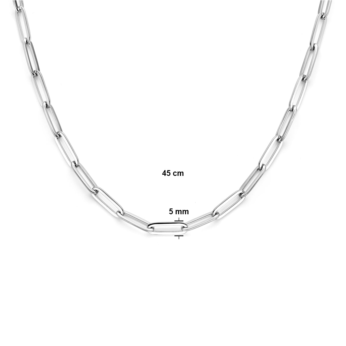 Productfoto van de 'Vance' ketting met technische weergave van de 5 mm schakelbreedte en de 45 cm lengte.