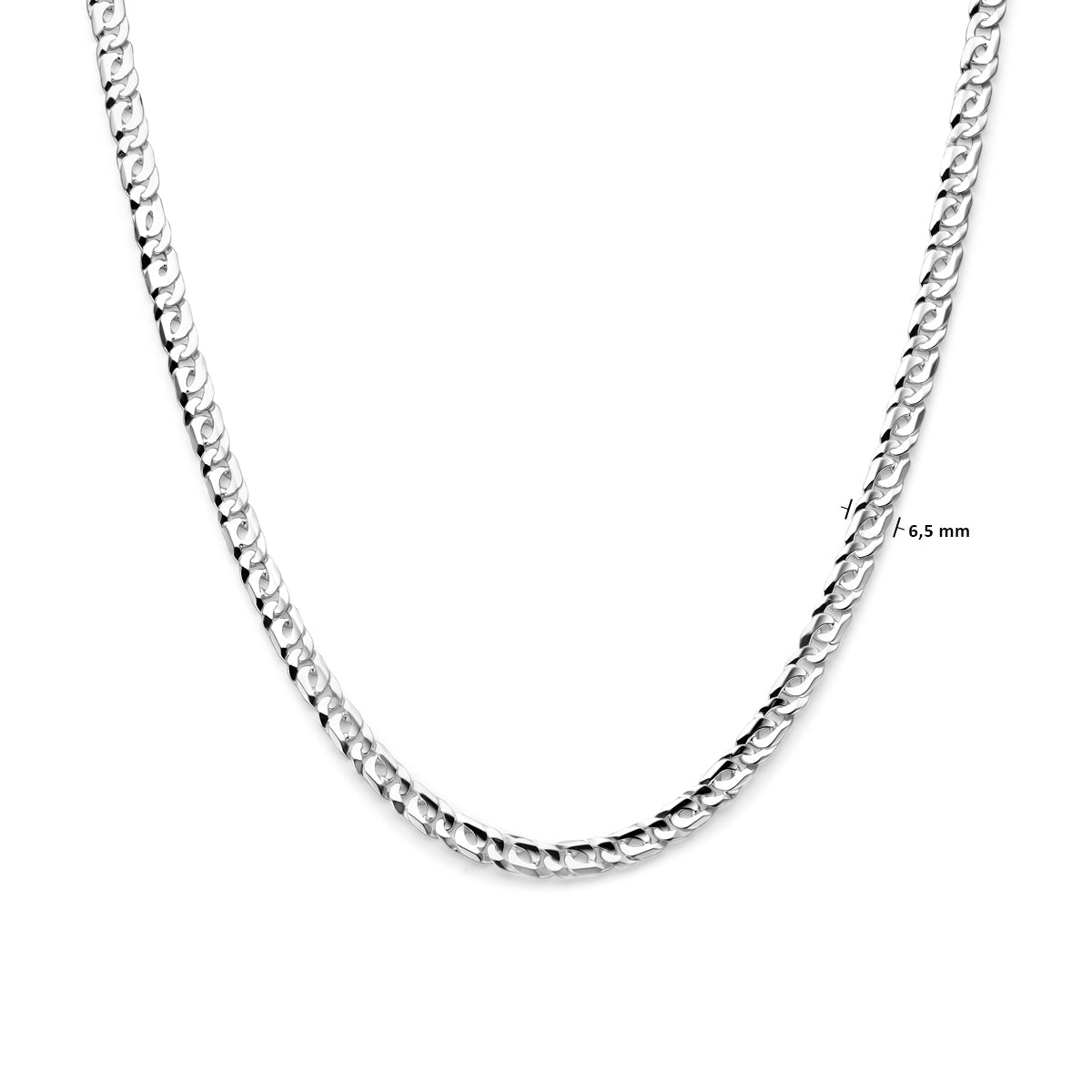 Afmetingen van de schakelstructuur van de zilveren Vico ketting.