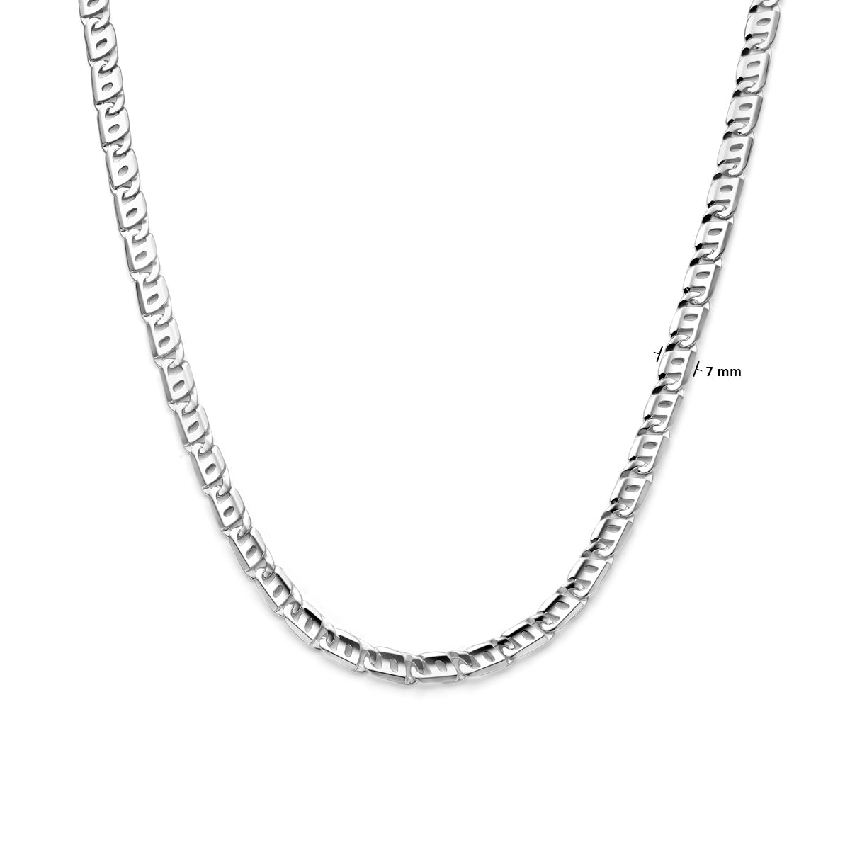 Afmetingen van de brede fantasie schakels van de zilveren Vico ketting.