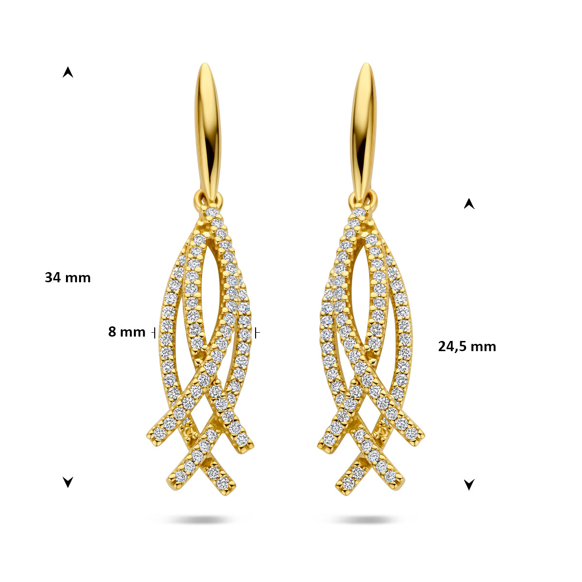 Productfoto van de 'Vyne' gouden oorhangers met de hoogte van 34 mm en breedte van 8 mm aangegeven.