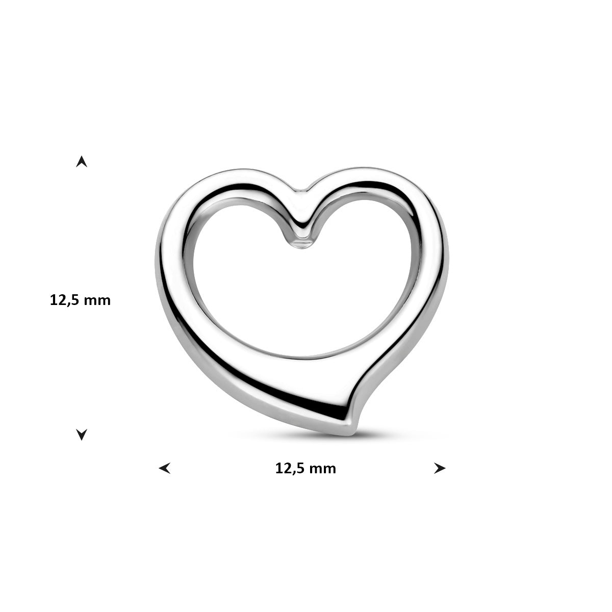 Vooraanzicht van de witgouden hanger met maatvoering in millimeters.