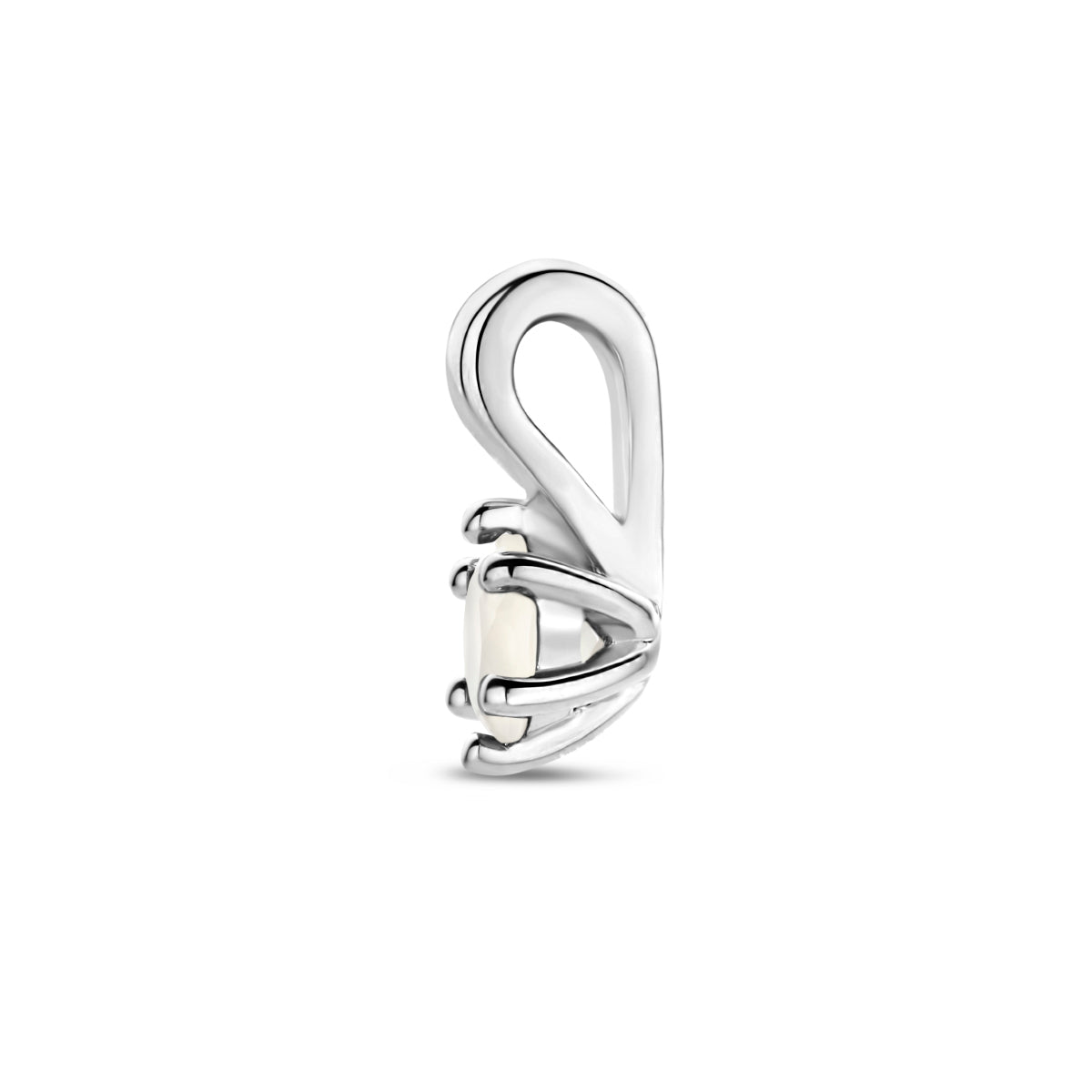 Detail zijaanzicht van de zilveren Stella zetting met maansteen en rodium afwerking.