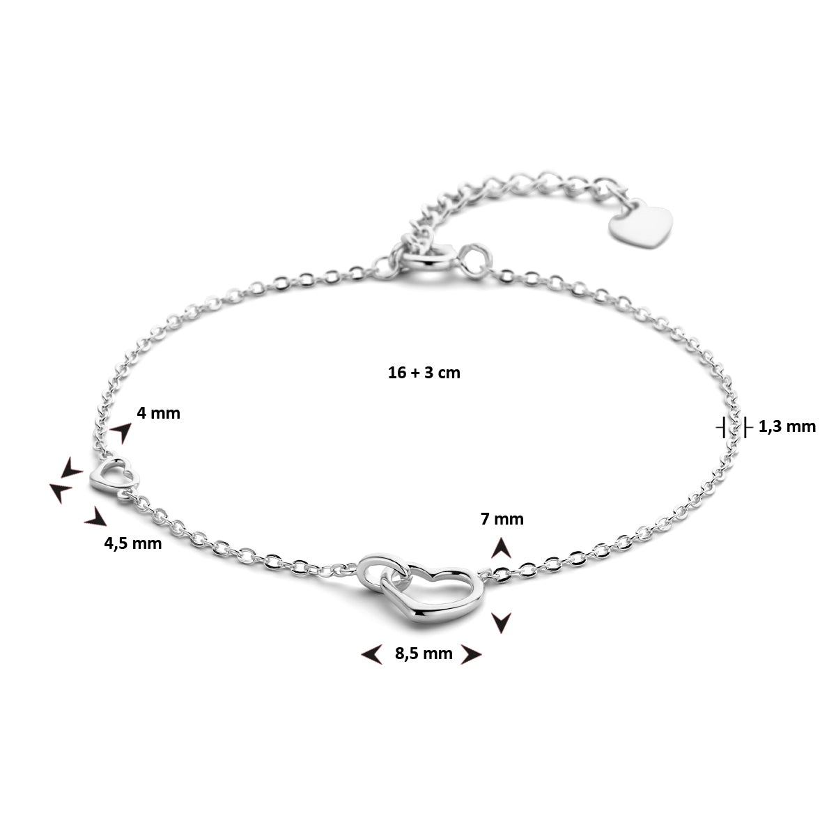 Vooraanzicht van de zilveren armband met maatvoering.