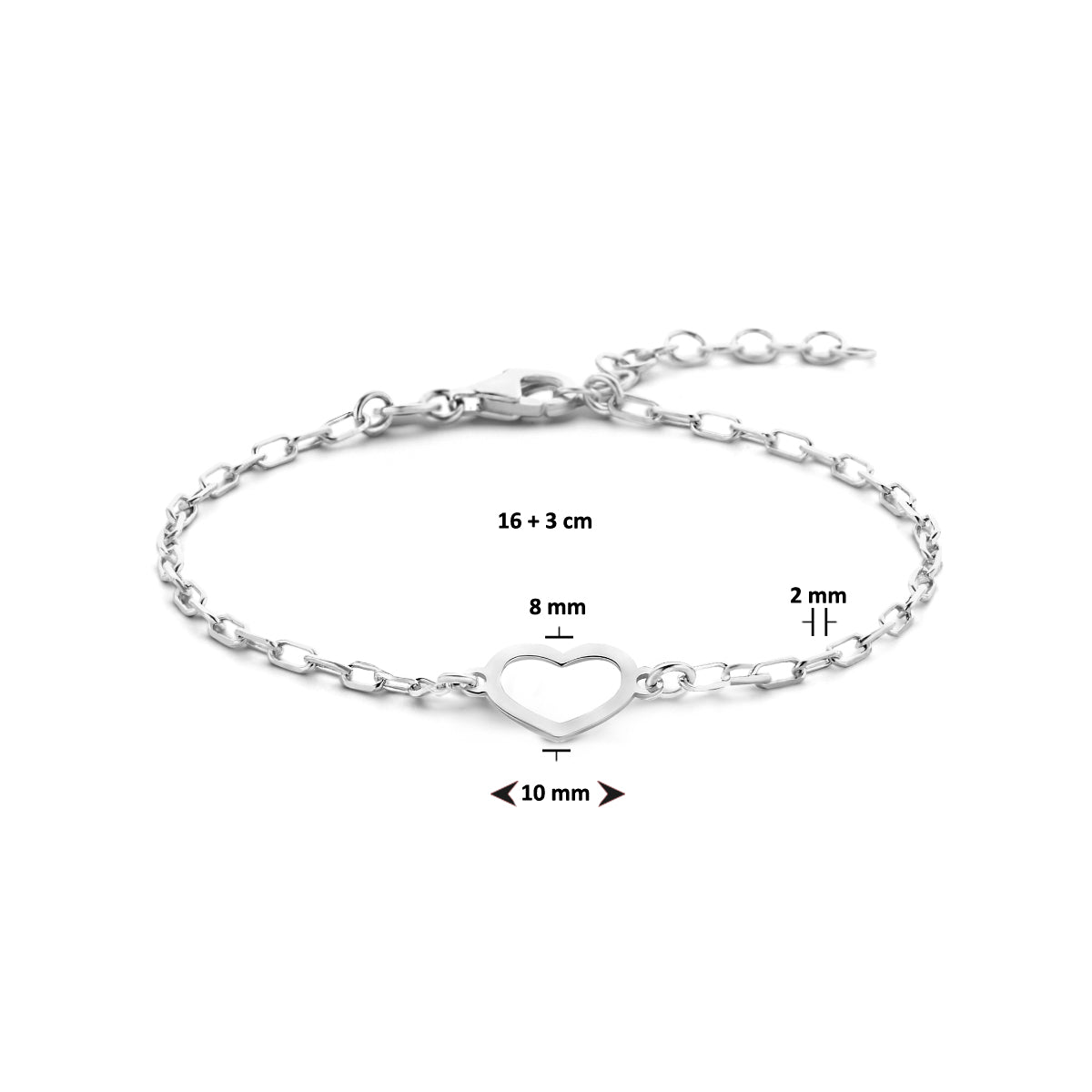 Vooraanzicht van de zilveren armband met maatvoering.