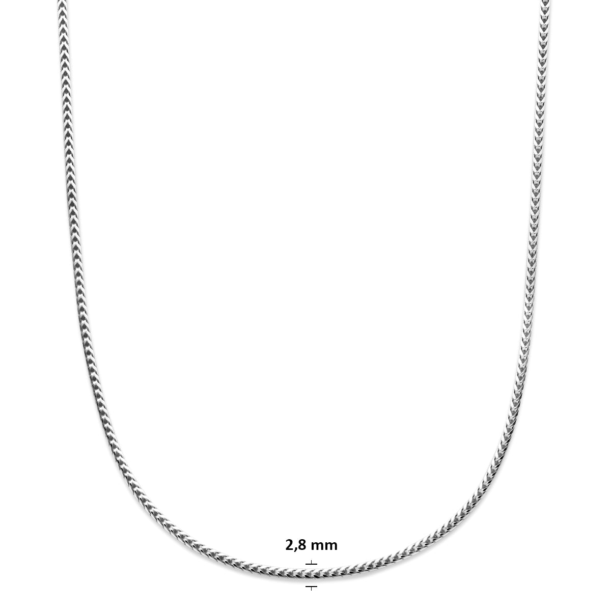 Technische afbeelding van het 'Foxtail' collier die de schakelbreedte van 2.8mm toont.