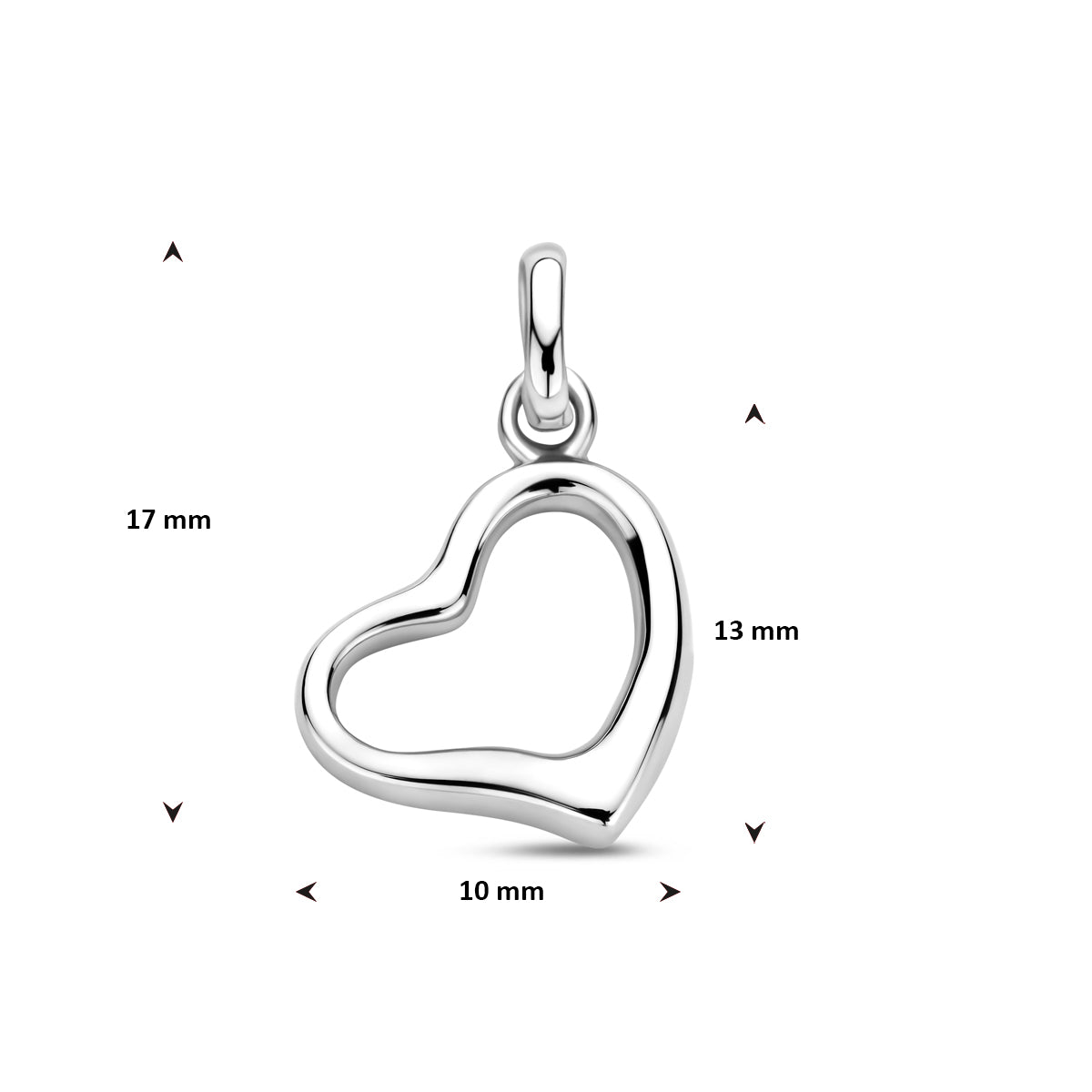 Vooraanzicht van de zilveren hanger met maatvoering in millimeters.