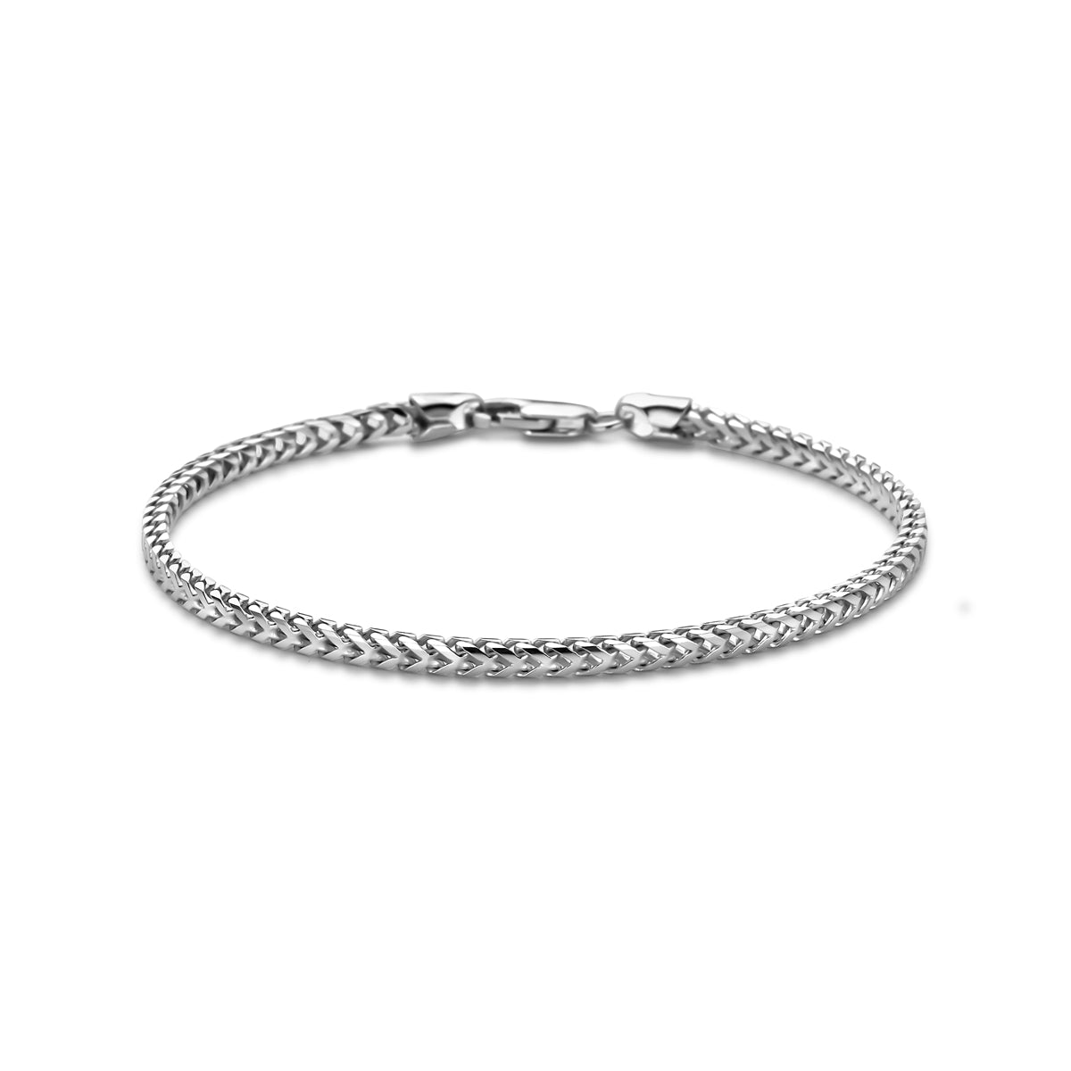 Vooraanzicht van de zilveren 'Foxtail' heren armband met een breedte van 2.8 mm.