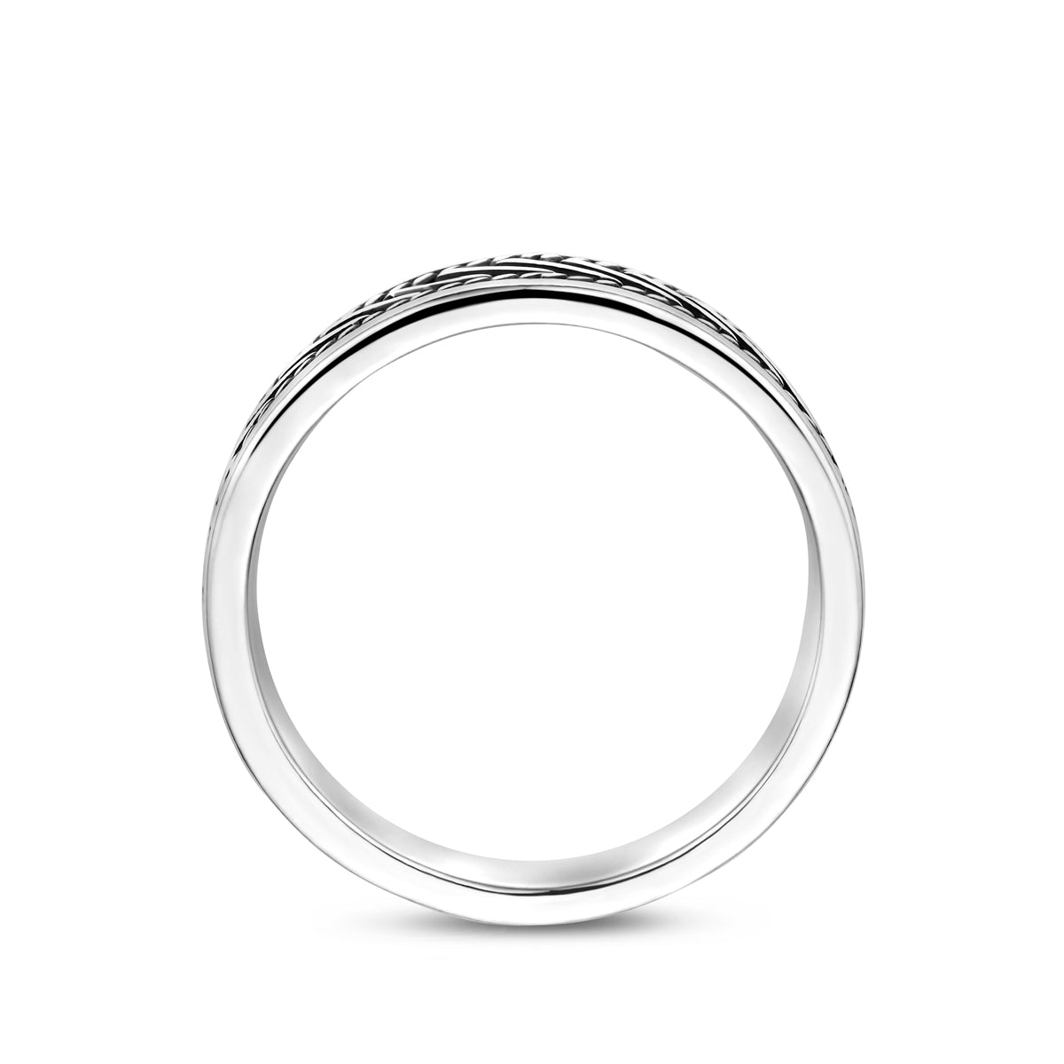 Zijaanzicht van de 'Artisan' ring die de diepte van het koordmotief toont.