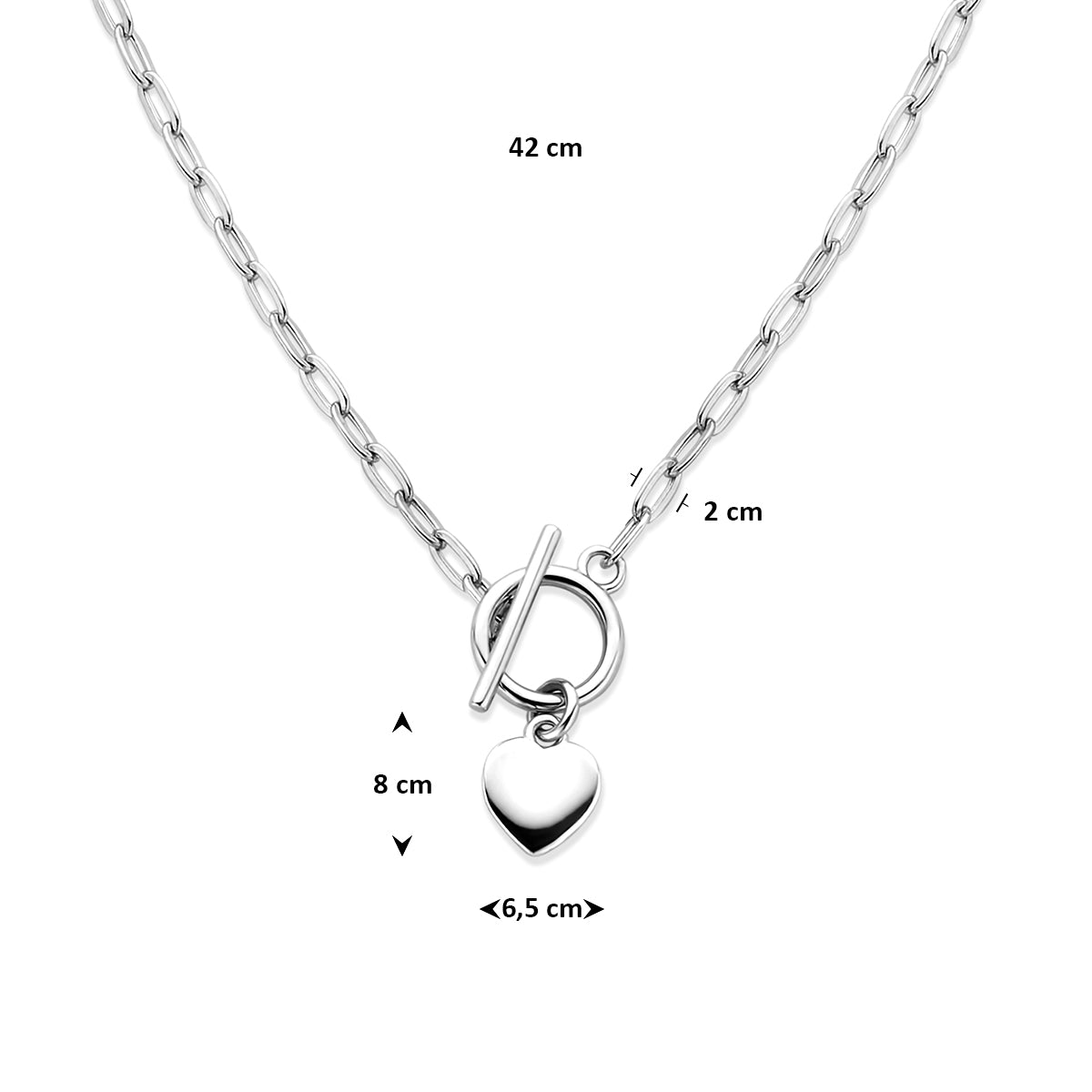 Vooraanzicht van de zilveren ketting met maatvoering in millimeters.