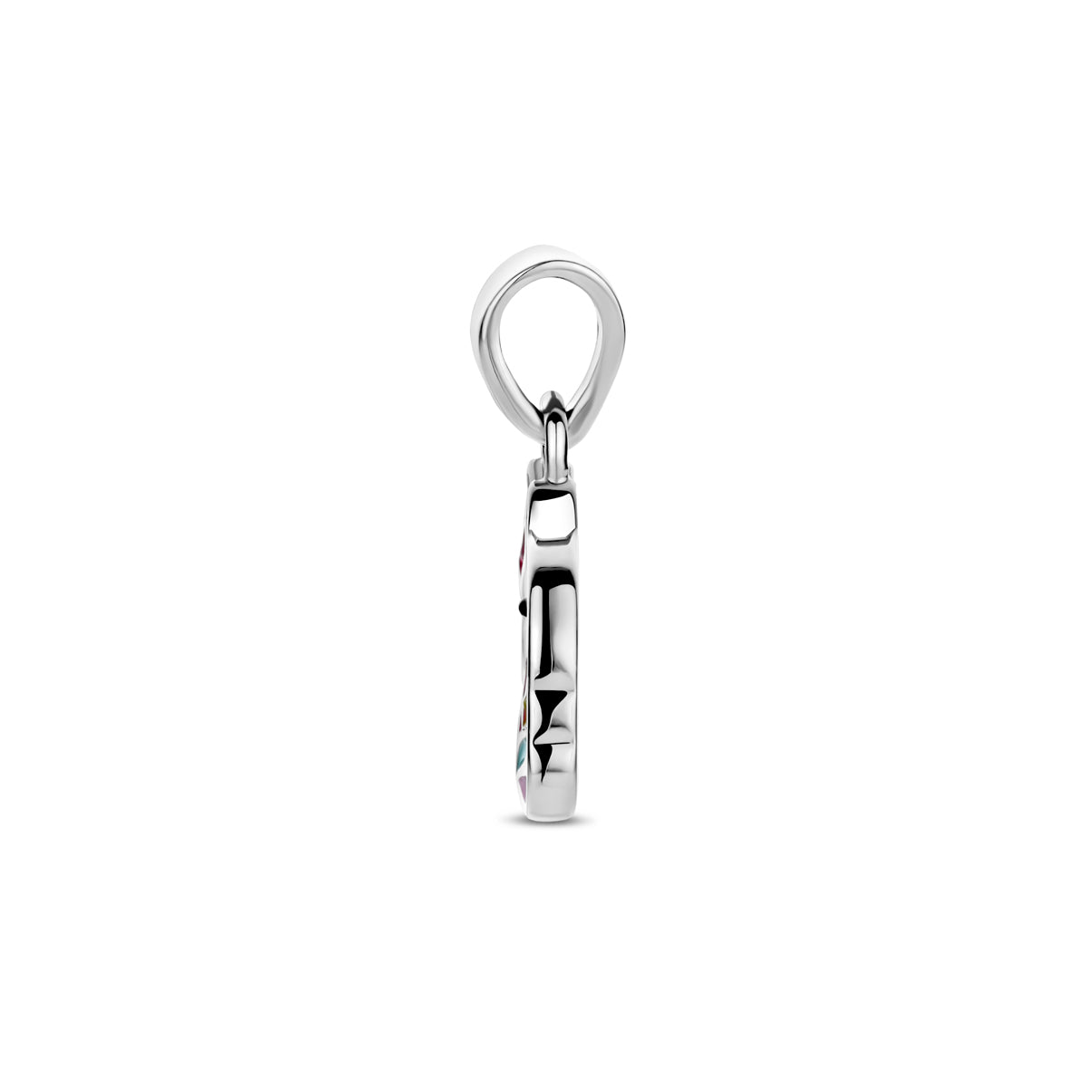 Zijaanzicht van de 'Stella de Eenhoorn' hanger van zilver.