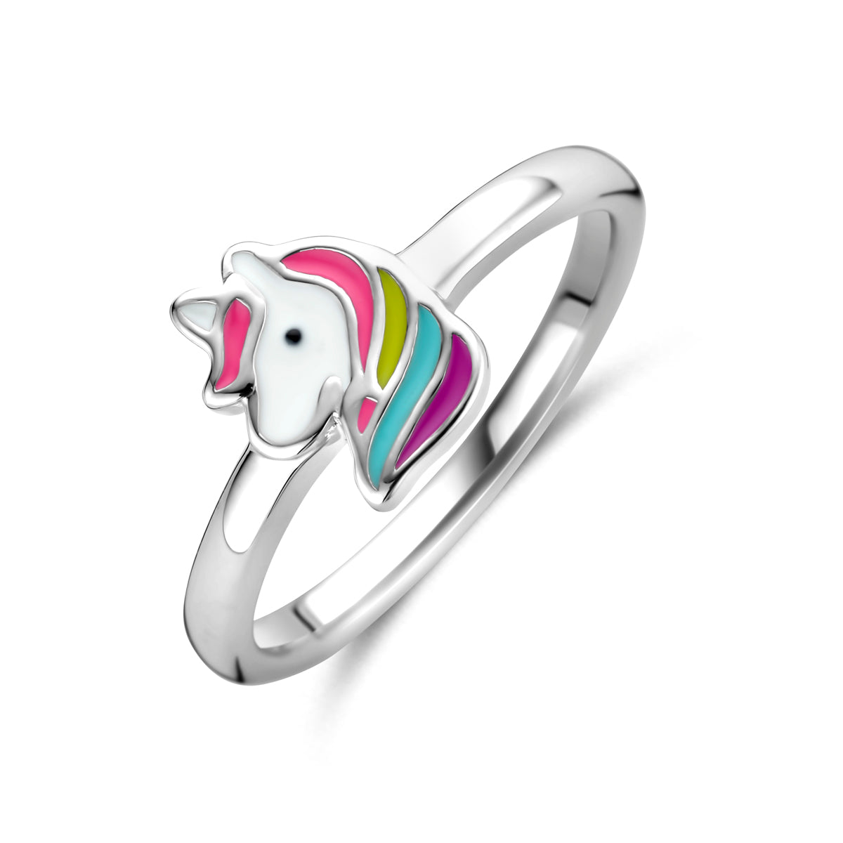 Schuin bovenaanzicht van de zilveren kinderring 'Stella de Eenhoorn' met gekleurde manen.