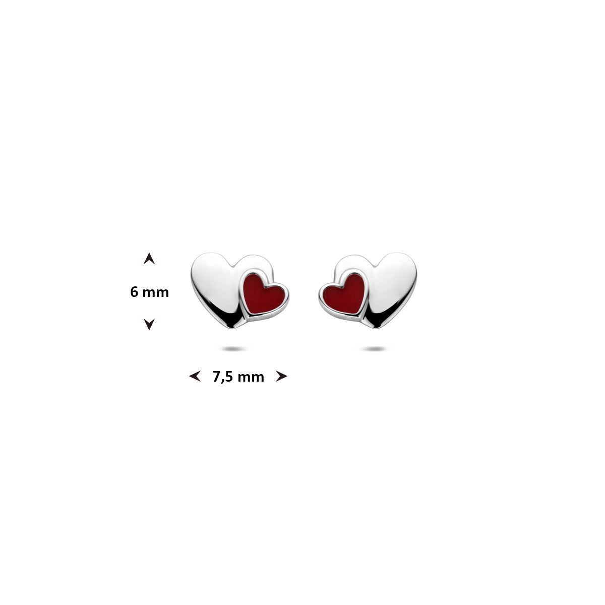 Technische afbeelding van de rode 'Hartendief' oorknoppen met de afmetingen (6 x 7.5 mm).