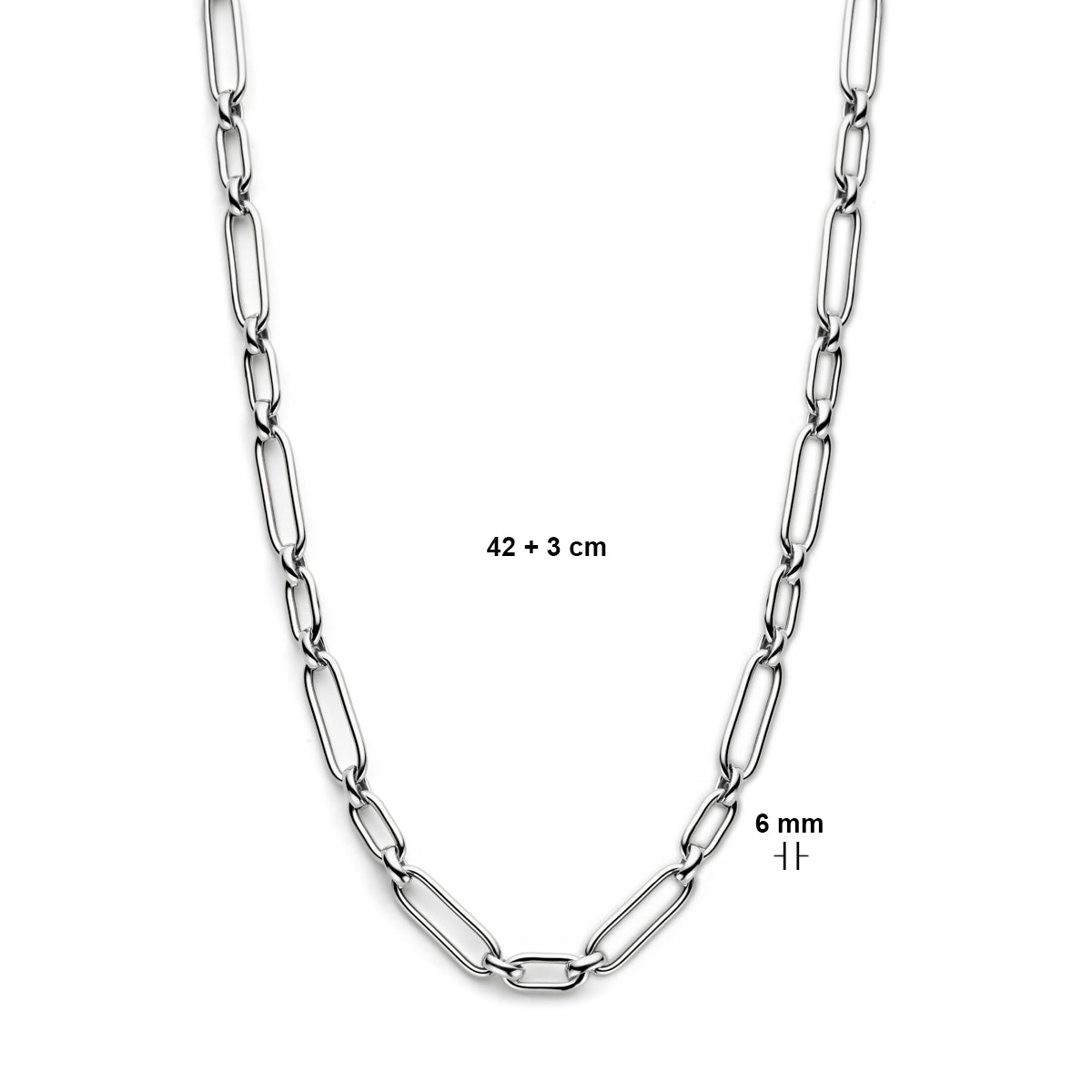Technische afbeelding van het 'Modena' collier die de lengte van 42 tot 45 cm toont.