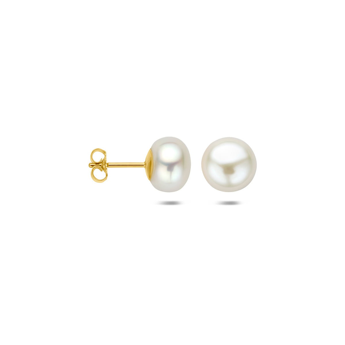 Gecombineerd beeld dat de 'half-bol' button vorm van de parel en de stevige gouden steker in detail toont.